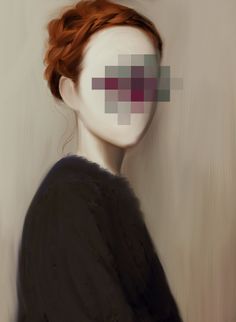 an abstract painting of a woman's head with red hair and black shirt on