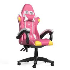 a pink and yellow office chair with wheels