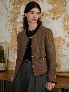 Woven from wool blend fabric, this relaxed fit coat features simple, collarless silhouette. It is accentuated with bonded leather-like trims and gold button fastenings. - Intended for a loose fit- Structured, tailored silhouette- Classic check pattern throughout- Gold buttons through front, pockets and cuffs- Versatile styling and easy layering Classic Tailored Style Women, Gold Blazer Outfit, Dark Academia Lookbook, Academia Lookbook, Winter Work Wear, Gold Blazer, Tweed Jackets, Womens Outfit, Ladies Short Jackets