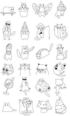 a bunch of cartoon animals that are drawn in black and white