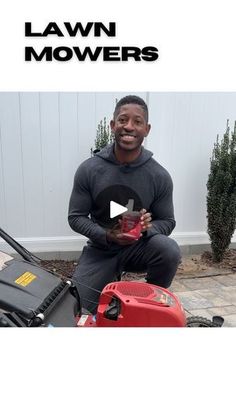 a man sitting on the ground with a lawn mower in front of him and text that reads lawn mowers