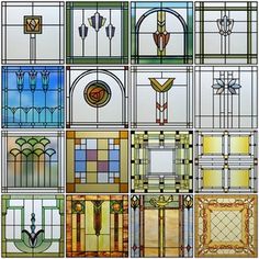 an assortment of stained glass windows with different designs