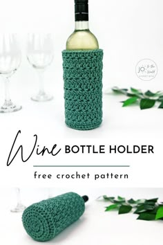 a crocheted wine bottle holder is shown next to two glasses and some leaves