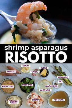 shrimp and asparagus risotto recipe on a spoon with the ingredients labeled