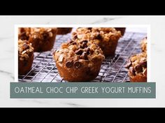 oatmeal choc chip greek yogurt muffins on a cooling rack