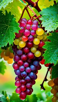 grapes are hanging from the vine with green leaves