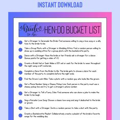 the bride's hendo bucket list is shown in blue, pink and purple