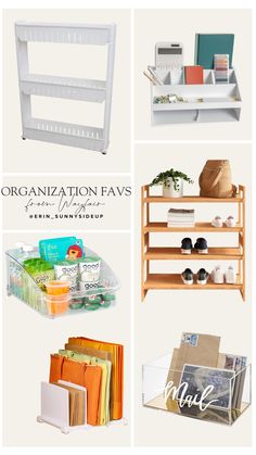 four different types of shelves with labels and other items on them, all labeled organization favs