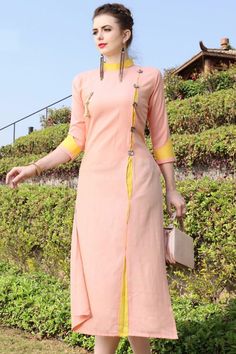 Light-Peach-Fashionable-Occasional-Outfit-Rayon-Long-Plain-Length-Kurti-4004-7275 #wholesalekurtis #wholesalekurtissupplier #kurtisdealers #kurtiexporters #kurtimanufacturer #kurtistockist #stylish #festivalwear #eventwear #dailywear #surattextilemarket #bulksupplier #kurtidistributor #lkfabkart Trendy Neck Designs, Plain Kurti Designs, Salwar Suit Design, Kurti Sleeves Design, Designer Kurti Patterns, Simple Kurti Designs, Salwar Designs, Gaun Fashion, Kurti Designs Latest