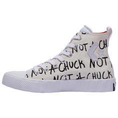 Classic Chuck Taylor style comes with a bit of a twist. The off-centered Converse license plate on the heel and the 'Not a Chuck' repeated text add whimsy. Canvas upper and rubber outsole gives it that timeless look and feel. White Letter Print Lace-up Sneakers, White Letter Print Sneakers For Streetwear, Converse Unt1tl3d High Top, Chuck Taylor Style, Converse Baby, Grade School, Boys Top, Personal Shopping, Chuck Taylor