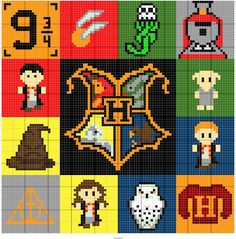 the harry potter cross - stitch pattern is shown in different colors and sizes, including one with