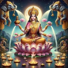 the god is sitting on top of a lotus with water lilies in front of him