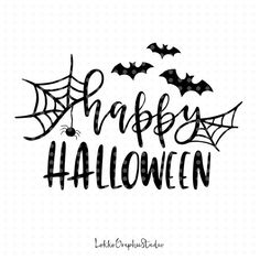 happy halloween lettering with bats and spider webs on the bottom right hand corner, in black ink