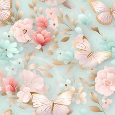 a blue background with pink and gold flowers, butterflies and leaves on the bottom right corner