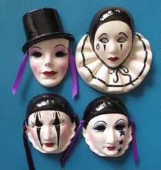 !Here are 4 beautiful hand painted decorative Mardi Gras ceramic masks; mimes or pierrots from New Orleans, in black & white. Three of them are by Fancy Faces Co. & one by Cast of Millions. These are the smaller masks, ranging from 6.25" x 5.5" to 4" x 3.5". They are very cute & in excellent condition. Offered at a great price! Thank you for stopping by! Mardi Gras Ceramic Masks, Ceramic Masks, Mardi Gras Masks, Clown Face, Ceramic Mask, Mask Collection, New Orleans Mardi Gras, Clown Faces, Wall Mask