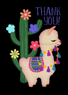 a thank you card with an image of a llama in front of a cactus