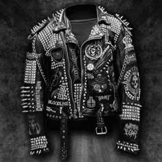 Punk Leather Jacket Diy, Punk Biker Jacket With Spikes For Streetwear, Leather Jacket Punk Diy, Biker-style Studded Outerwear For Streetwear, Black Punk Leather Jacket With Rivets, Punk Jacket