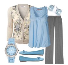 I like the accent color, the sweater might be old fashioned? Elegant Work Outfits, Teaching Outfits, Spring Work Outfits, Neue Outfits, Outfits 2017, Teacher Teacher, Outfit Trends, Blue And Grey, Work Outfits Women