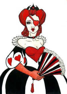 a drawing of a woman with red hair and heart shaped eyes holding a fan in her hand