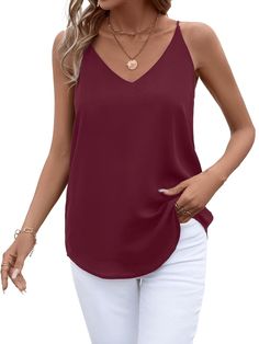 PRICES MAY VARY. VERSATILE AND ELEGANT CAMI: Evera B silky strappy V neck tank top camisole for women w/opacity liner, soft silky luxury feel chiffon, loose fit, spaghetti straps, flowy shirt tail hem. With adjustable spaghetti straps, you can extend for a deep V sexy shirt or shorten for a more professional look at work . PERFECT SHIRT FOR ANY OCCASION: Casual, office, business, work, concert, date night, party or a formal event- these camisole shirts are the perfect choice for any outfit and s Blouses Sleeveless, Concert Date, Blazer Cardigan, Chiffon Tank Tops, Dressy Shirts, Flowy Shirt, Womens Camisoles, Spaghetti Strap Tank Top, Business Work