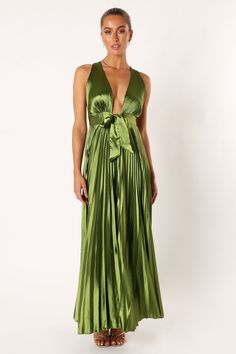 Kris Pleated Maxi Dress - Martini Olive - Petal & Pup USA Silk Maxi Dress With Pleated Back For Party, Spring V-neck Satin Dress For Gala, Satin Maxi Dress With Pleated Back For Prom, Silk Pleated V-neck Maxi Dress, Pleated V-neck Maxi Dress For Gala, Party Satin Maxi Dress With Pleated Bodice, Pleated Silk V-neck Maxi Dress, Party Maxi Dress With Folds, Summer Satin Maxi Dress With Pleated Back