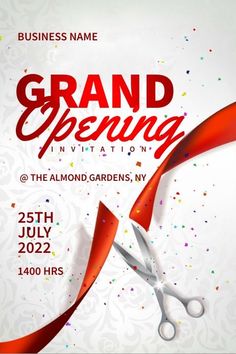 a grand opening flyer with scissors and confetti on the side for an event