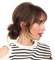 Lilly Collins Hairstyles, Lily Collins Hair Curtain Bangs, Full Fringe Updo, Lily Colins Bangs, Updo Style With Bangs, Lily Collins Bangs Fringes, Lily Collins Updo, Bangs Up Do Hairstyle, Professional Hairstyles 2023