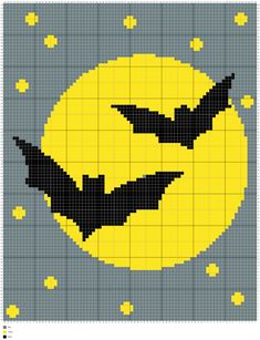 a cross stitch pattern with two bats flying over the moon