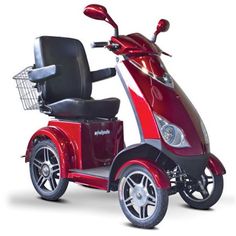 a red scooter with a basket attached to the front wheel, on a white background