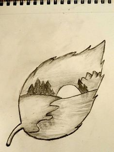 a pencil drawing of a leaf with mountains in the back ground and water on it