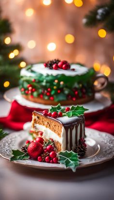 two christmas cakes on plates with holly decorations