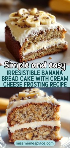 two pictures showing the inside and outside of a banana cake with cream cheese frosting