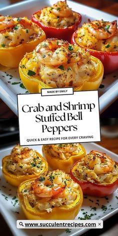 crab and shrimp stuffed bell peppers on a platter with text overlay that reads crab and shrimp stuffed bell peppers