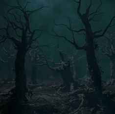 an eerie forest with bare trees and no leaves on the ground, at night time