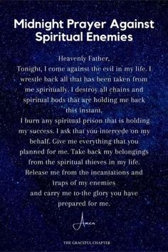 a poem written in blue with the words midnight prayer against spiritful enemities