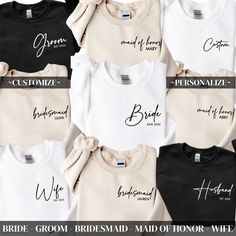 the bride and groom shirts are all in different colors, with their names on them