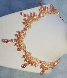 Nine Scallops of Swarovski Peach Pearls and Crystals are woven together to create this stunning statement piece. Peach Necklace, Rose Peach, Swarovski Pearls, Wedding Jewellery Necklace, Wedding Necklace, Statement Pieces, Seed Beads, Selling On Etsy, Jewelry Inspiration