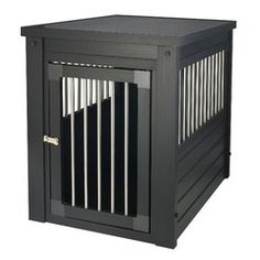 the dog crate is black and has an open door