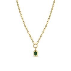 14k gold small hollow square oval link chain necklace with a small anchored circle ring and a bezel set emerald cut emerald pendant dangling from the circle. Gold Stone Pendant Necklace, Emerald Pendant Necklace Unique, Rectangular Emerald Jewelry With Bezel Setting, Minimalist Rectangular Emerald Jewelry, Heavy Chain Necklace, Square Pendant Necklace, Emerald Necklace Pendant, Oval Necklace, Heavy Chain