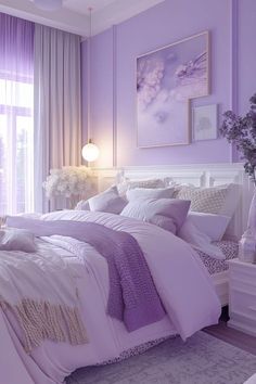 a bedroom with purple walls and white furniture