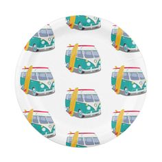 a paper plate with an image of a vw bus and surfboards on it