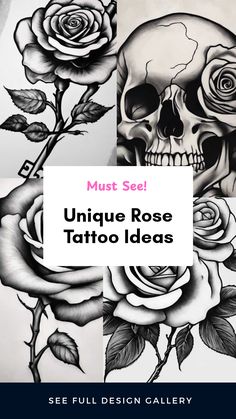 Explore an inspiring pin showcasing 53 creative rose tattoo designs, focusing on detailed black and gray illustrations and unique creations featuring skulls and budding roses.