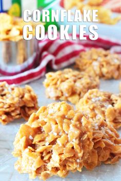 homemade cornflake cookies are stacked on top of each other and ready to be eaten