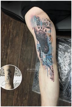 a person with a tattoo on their leg that has an image of a hand and foot