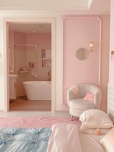 a pink and blue bedroom with a white tub in the corner next to a chair