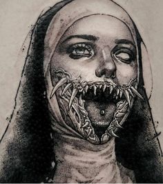 a black and white drawing of a woman with her mouth open, wearing a hood