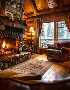 a living room filled with furniture and a fire place in the middle of a wooden floor