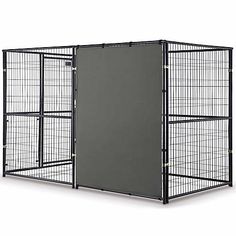 a black metal cage with two doors on the front and one door open to reveal an enclosed