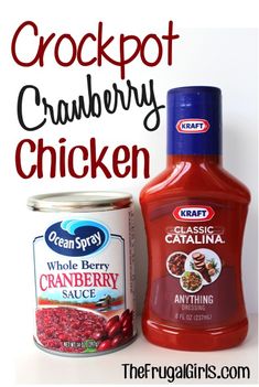 crockpot crabberry chicken is shown next to an empty canister and sauce