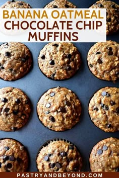 banana oatmeal chocolate chip muffins on a baking sheet with text overlay